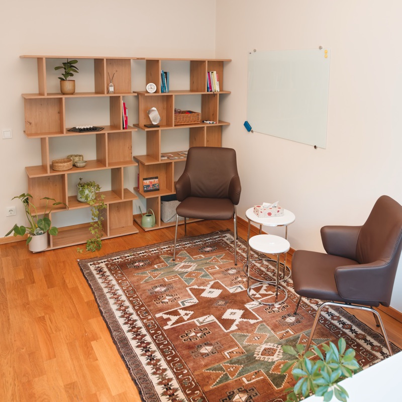 Behandlungsraum mit zwei Sesseln, Teppich und Bücherregal