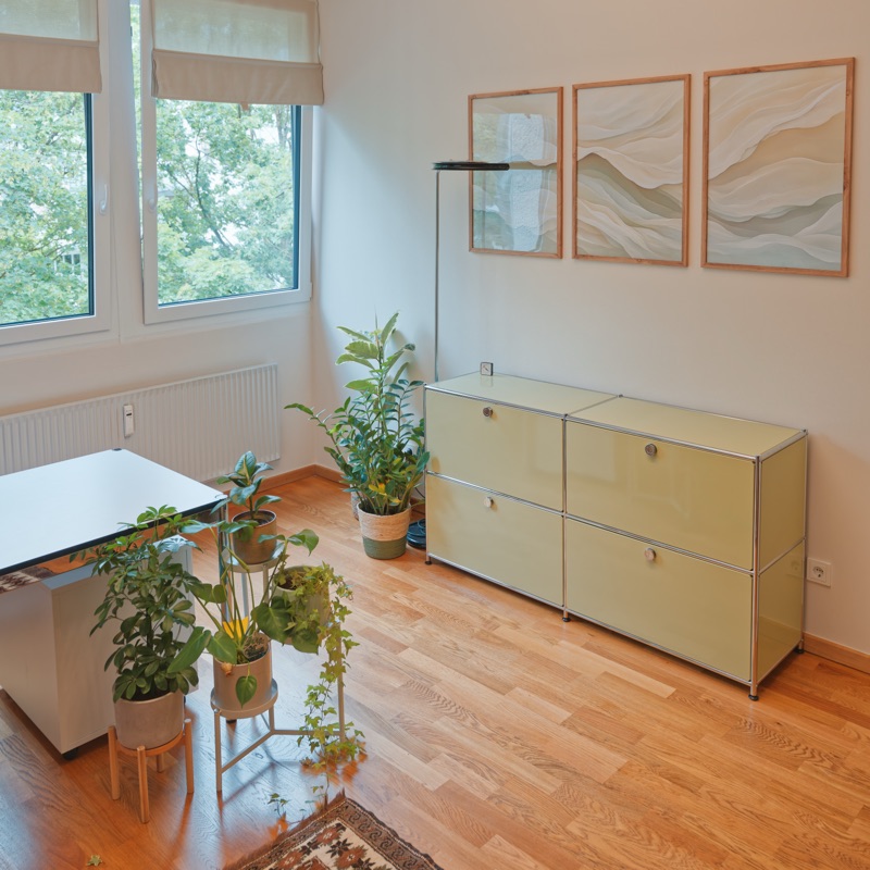 Praxisraum mit Fenster, Pflanzen und Sideboard